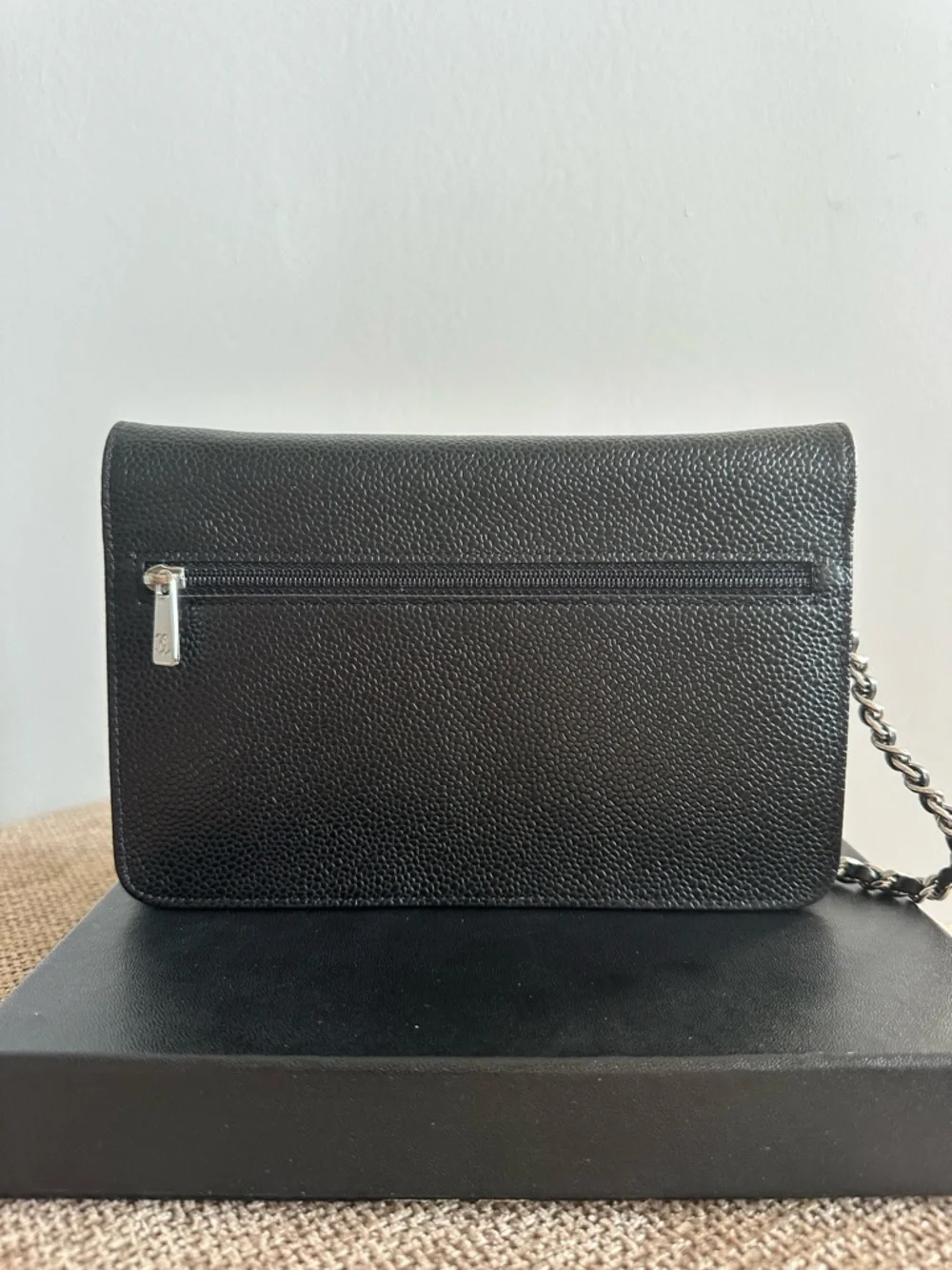 CHANEL Caviar Leather Crossbody Wallet with Silver Chain